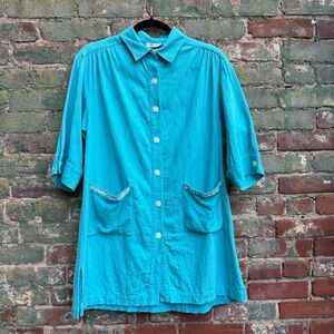 Vintage 90s Blouse Women's Size Small The‎ TOG Shop Blue Turquoise Daisy Flower